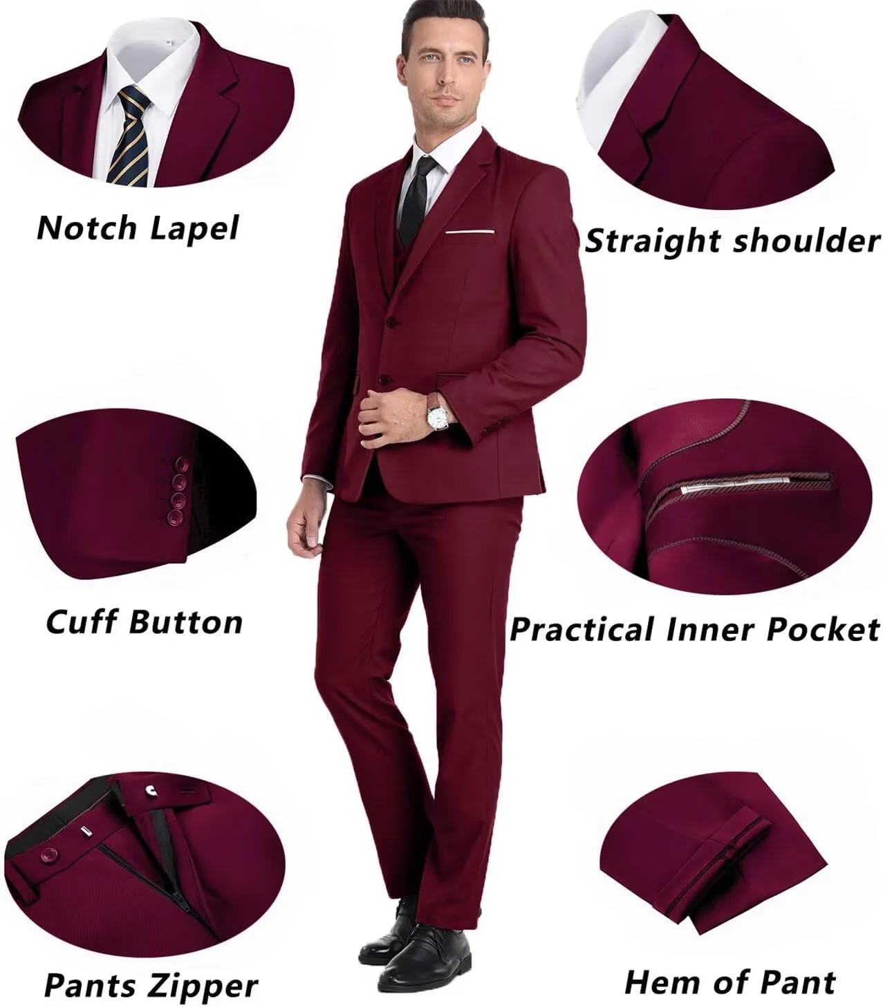 Mens Suit 3 Piece Set Slim Fit Wedding Groomsmen Suit for Men Two Buttons Suits Set Solid Jacket Vest Pants with Tie