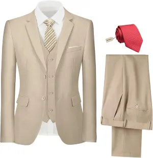 Mens Suit 3 Piece Set Slim Fit Wedding Groomsmen Suit for Men Two Buttons Suits Set Solid Jacket Vest Pants with Tie