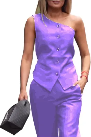 Mi Bo Tong Womens Vest and Pants Suits One Shoulder Regular Fit Urban Plain Vest Women's Black One Shoulder Waistcoat