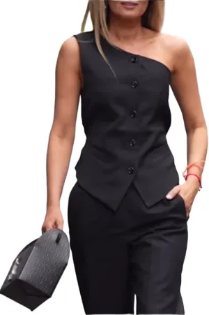 Mi Bo Tong Womens Vest and Pants Suits One Shoulder Regular Fit Urban Plain Vest Women's Black One Shoulder Waistcoat