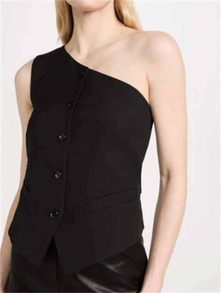 Mi Bo Tong Womens Vest and Pants Suits One Shoulder Regular Fit Urban Plain Vest Women's Black One Shoulder Waistcoat