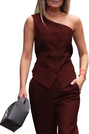 Mi Bo Tong Womens Vest and Pants Suits One Shoulder Regular Fit Urban Plain Vest Women's Black One Shoulder Waistcoat