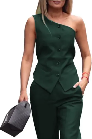 Mi Bo Tong Womens Vest and Pants Suits One Shoulder Regular Fit Urban Plain Vest Women's Black One Shoulder Waistcoat