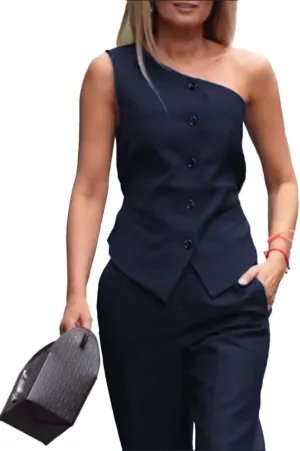 Mi Bo Tong Womens Vest and Pants Suits One Shoulder Regular Fit Urban Plain Vest Women's Black One Shoulder Waistcoat