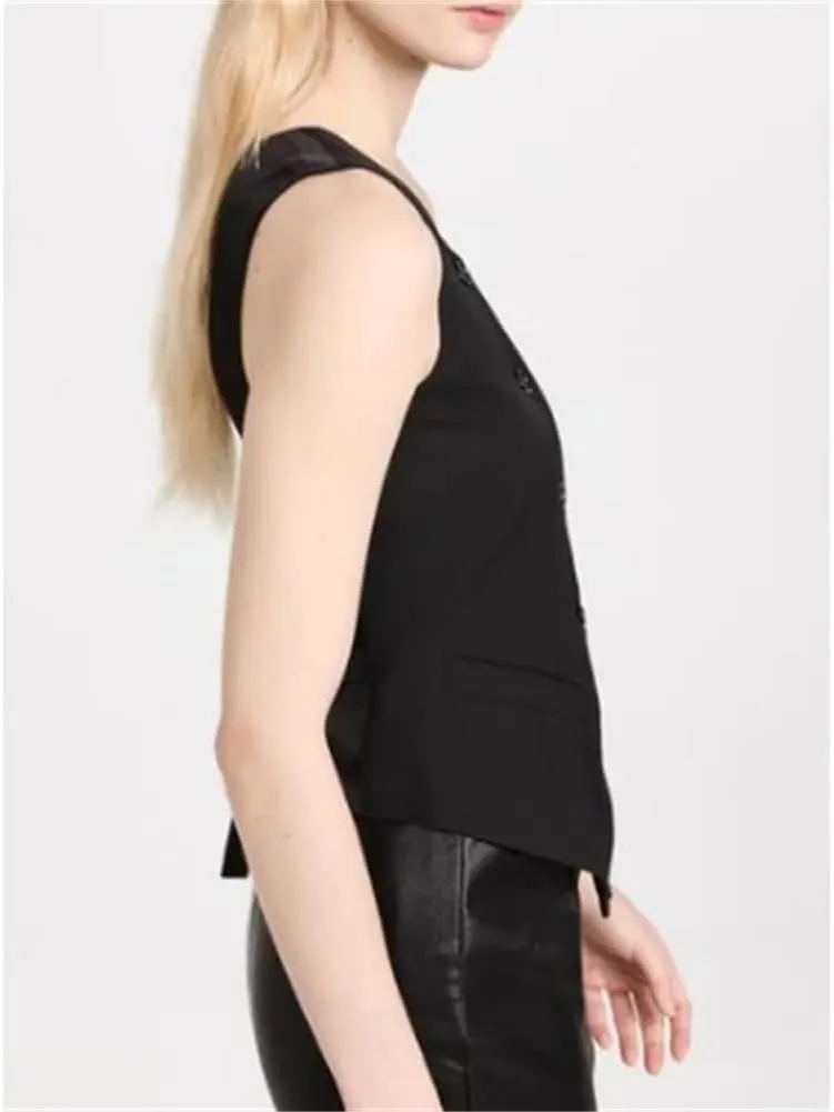 Mi Bo Tong Womens Vest and Pants Suits One Shoulder Regular Fit Urban Plain Vest Women's Black One Shoulder Waistcoat