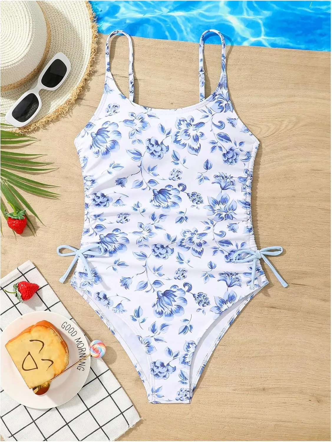 Milumia Girl's Floral One Piece Swimwear Bow Tie Side Spaghetti Strap Swimsuits
