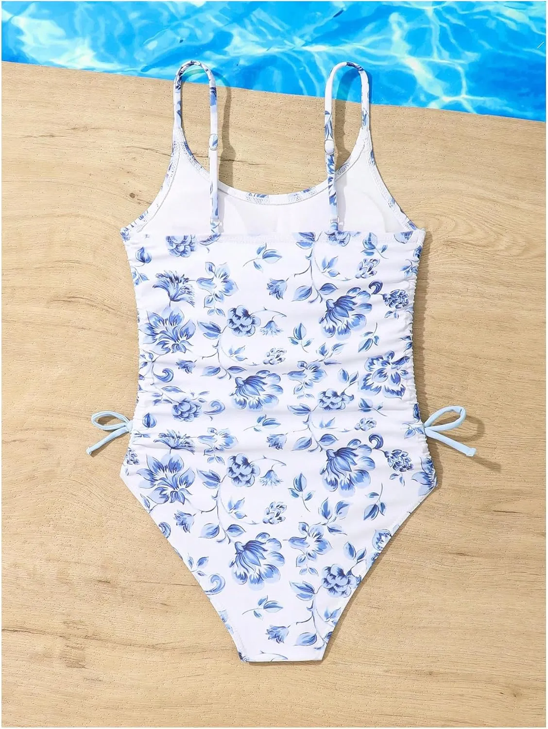 Milumia Girl's Floral One Piece Swimwear Bow Tie Side Spaghetti Strap Swimsuits