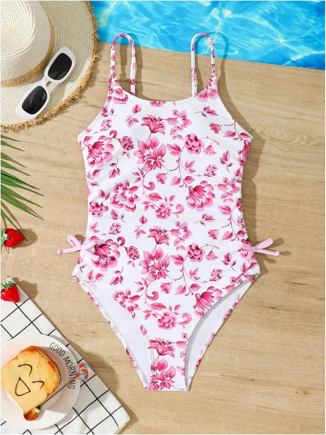 Milumia Girl's Floral One Piece Swimwear Bow Tie Side Spaghetti Strap Swimsuits