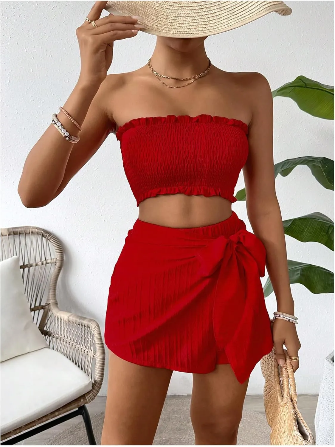 Milumia Women's 2 Piece Frill Trim Smocked Crop Tube Top and Wrap Skorts Summer Outfits Set