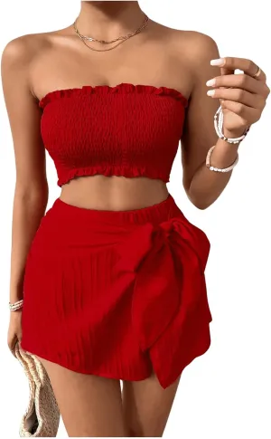 Milumia Women's 2 Piece Frill Trim Smocked Crop Tube Top and Wrap Skorts Summer Outfits Set