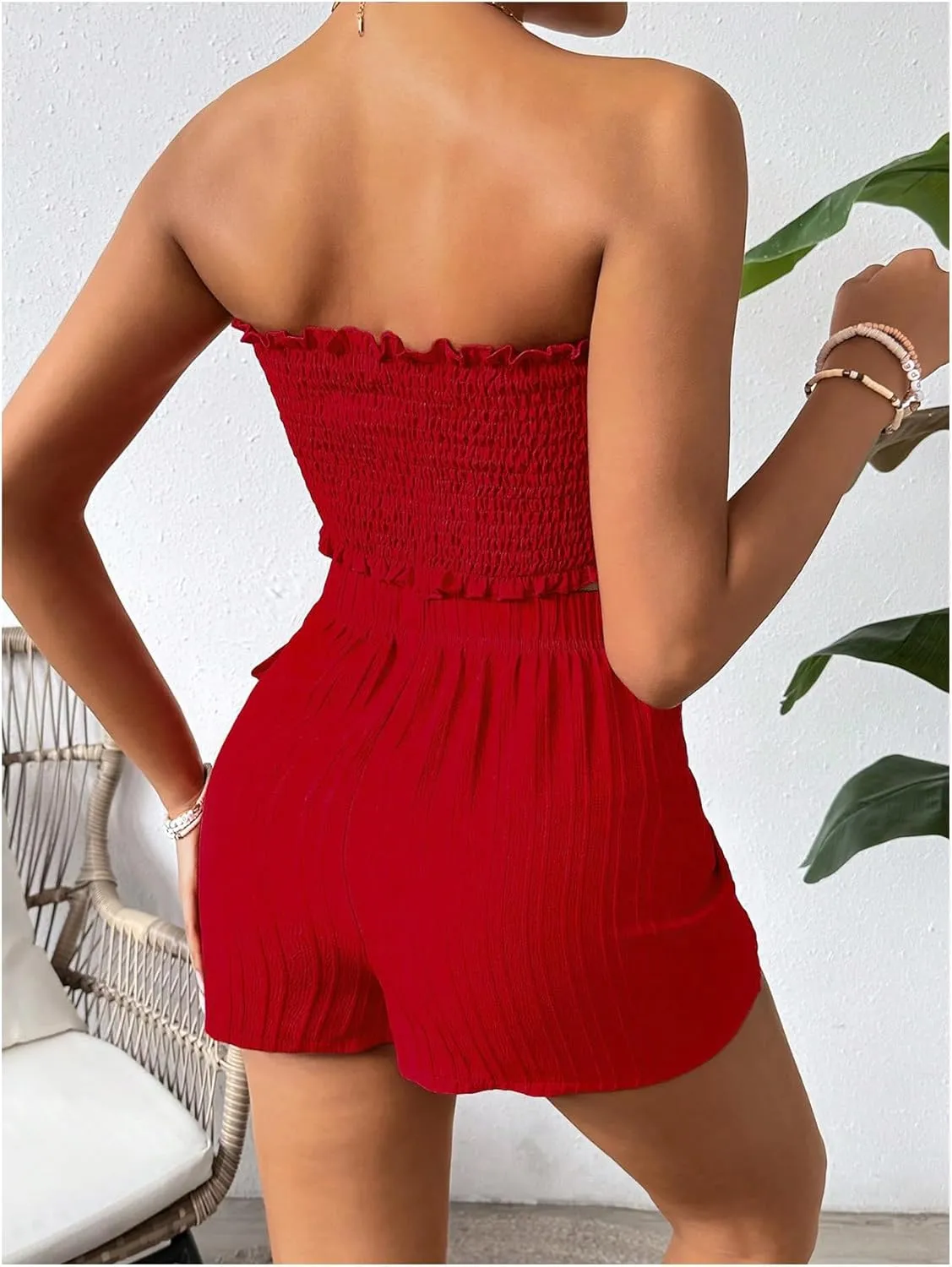 Milumia Women's 2 Piece Frill Trim Smocked Crop Tube Top and Wrap Skorts Summer Outfits Set