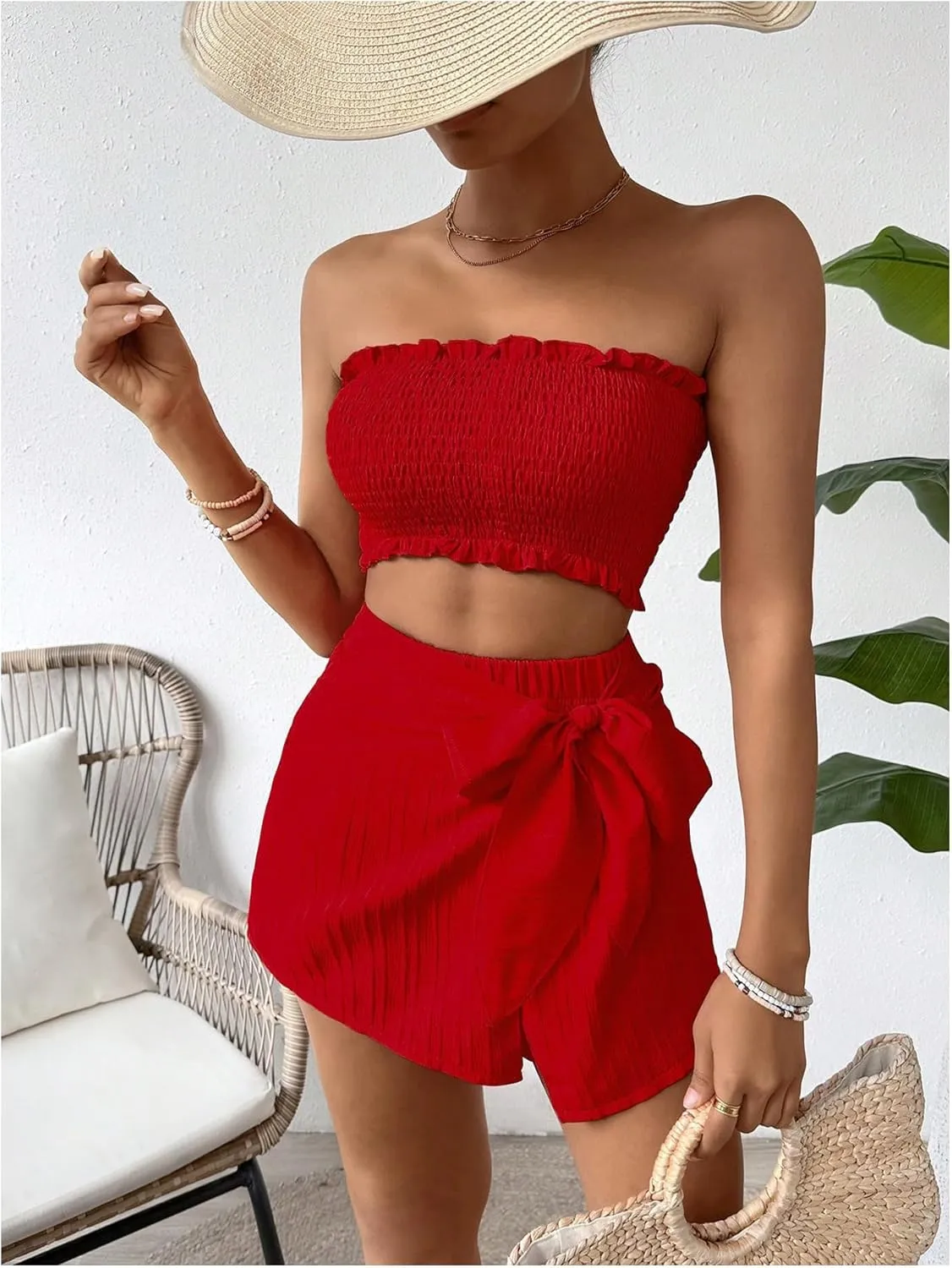 Milumia Women's 2 Piece Frill Trim Smocked Crop Tube Top and Wrap Skorts Summer Outfits Set