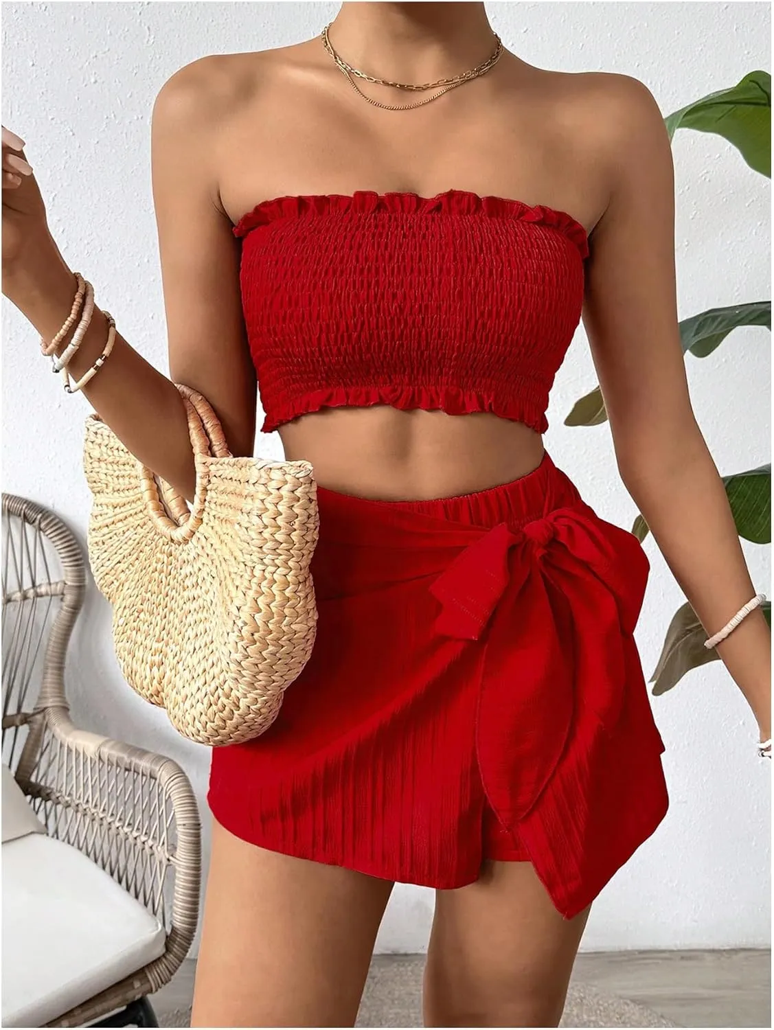 Milumia Women's 2 Piece Frill Trim Smocked Crop Tube Top and Wrap Skorts Summer Outfits Set