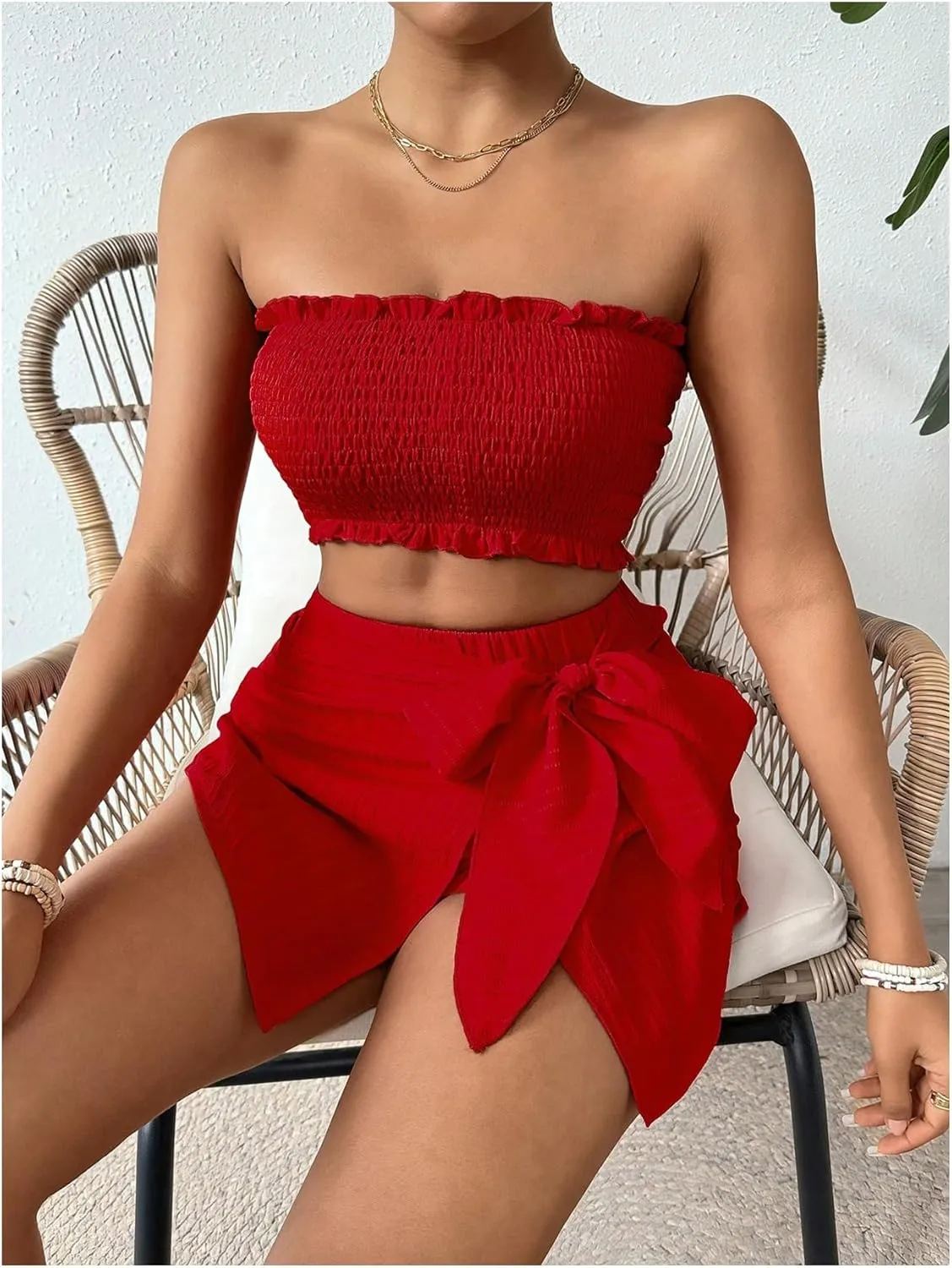 Milumia Women's 2 Piece Frill Trim Smocked Crop Tube Top and Wrap Skorts Summer Outfits Set