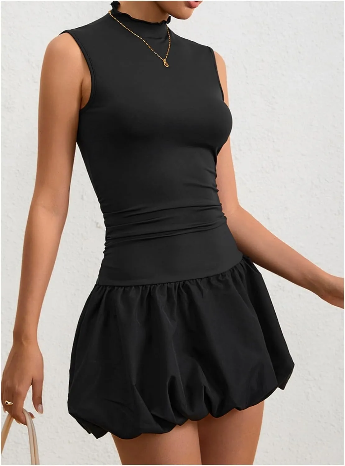 Milumia Women's Bubble Mini Dress Mock Neck Sleeveless Balletcore Puffy Short Party Dresses