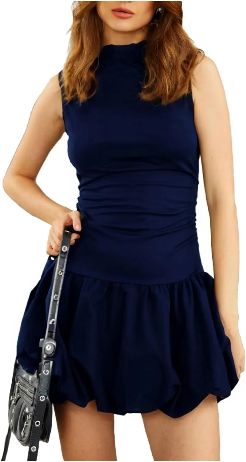 Milumia Women's Bubble Mini Dress Mock Neck Sleeveless Balletcore Puffy Short Party Dresses
