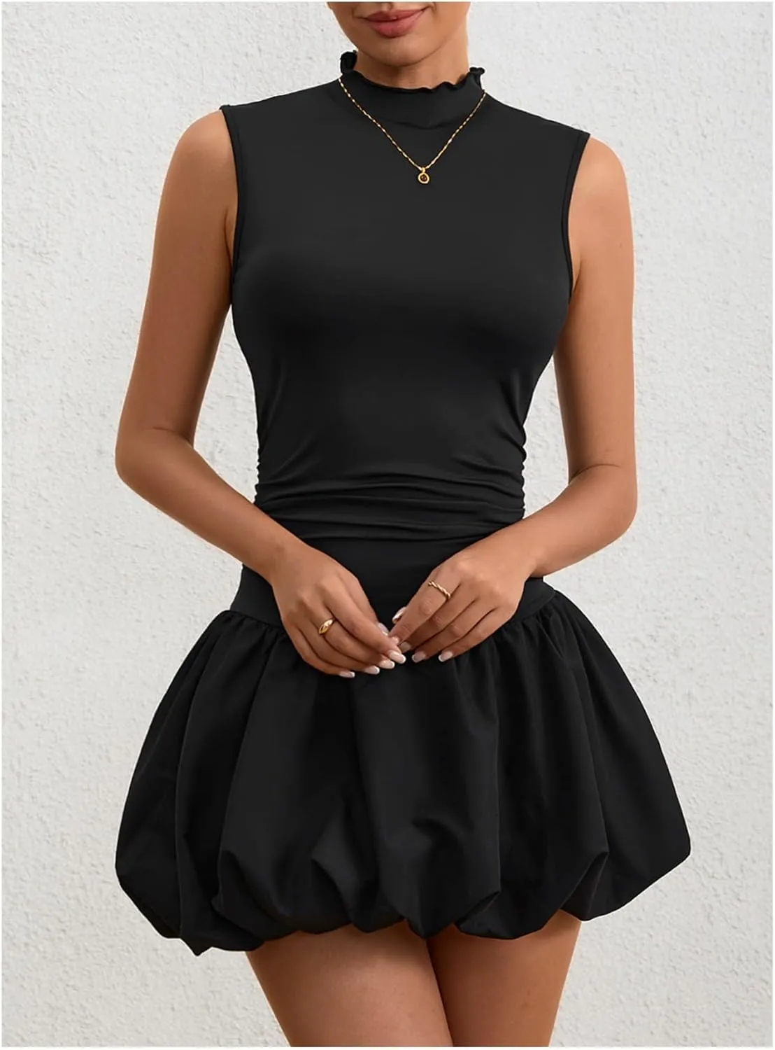Milumia Women's Bubble Mini Dress Mock Neck Sleeveless Balletcore Puffy Short Party Dresses