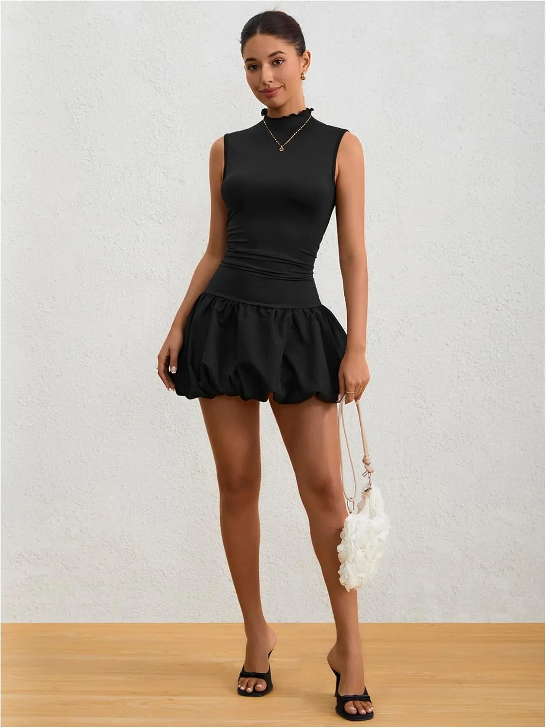 Milumia Women's Bubble Mini Dress Mock Neck Sleeveless Balletcore Puffy Short Party Dresses