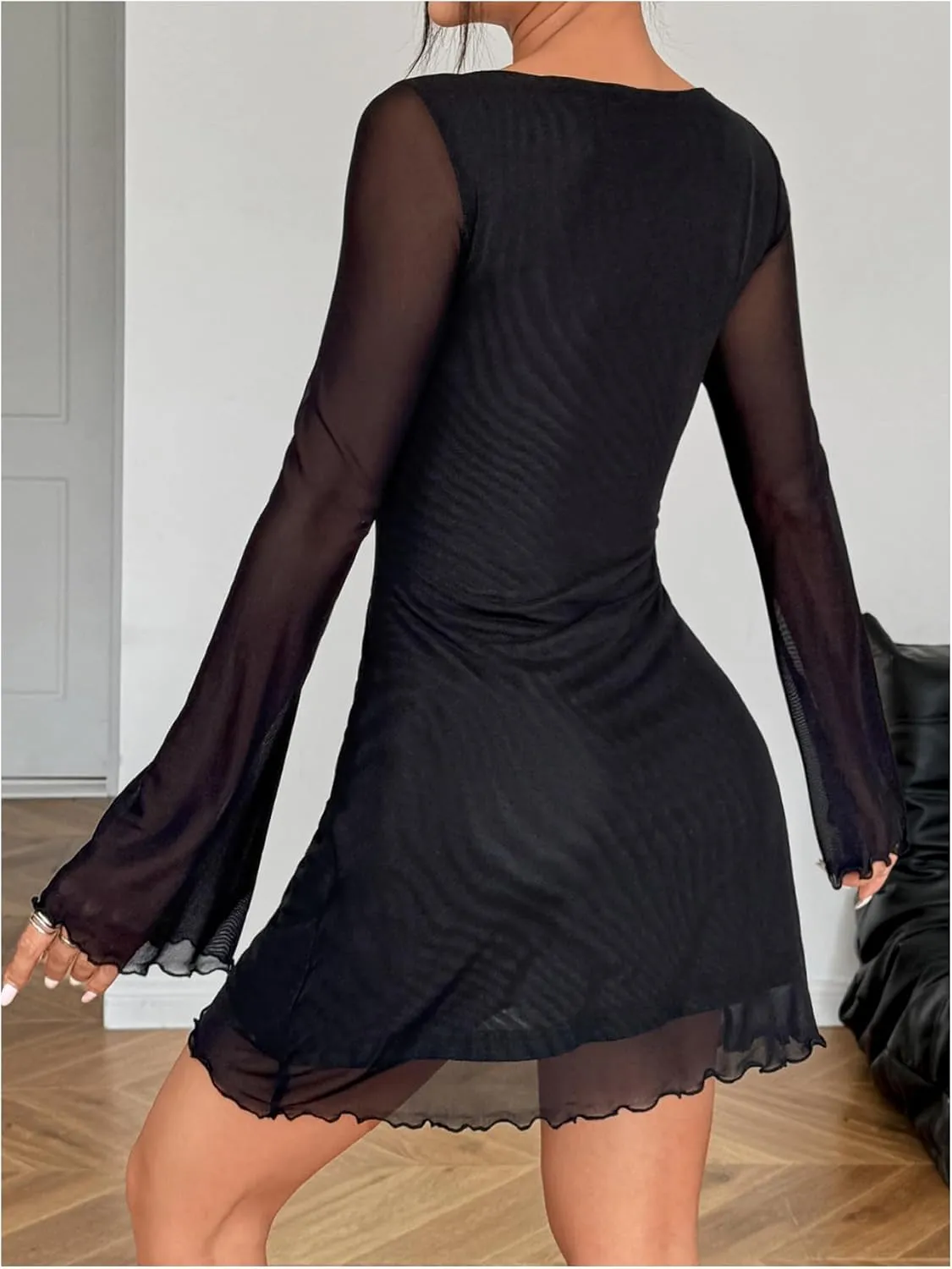 Milumia Women's Mesh Long Bell Sleeve Mini Dress Boat Neck Short Dresses