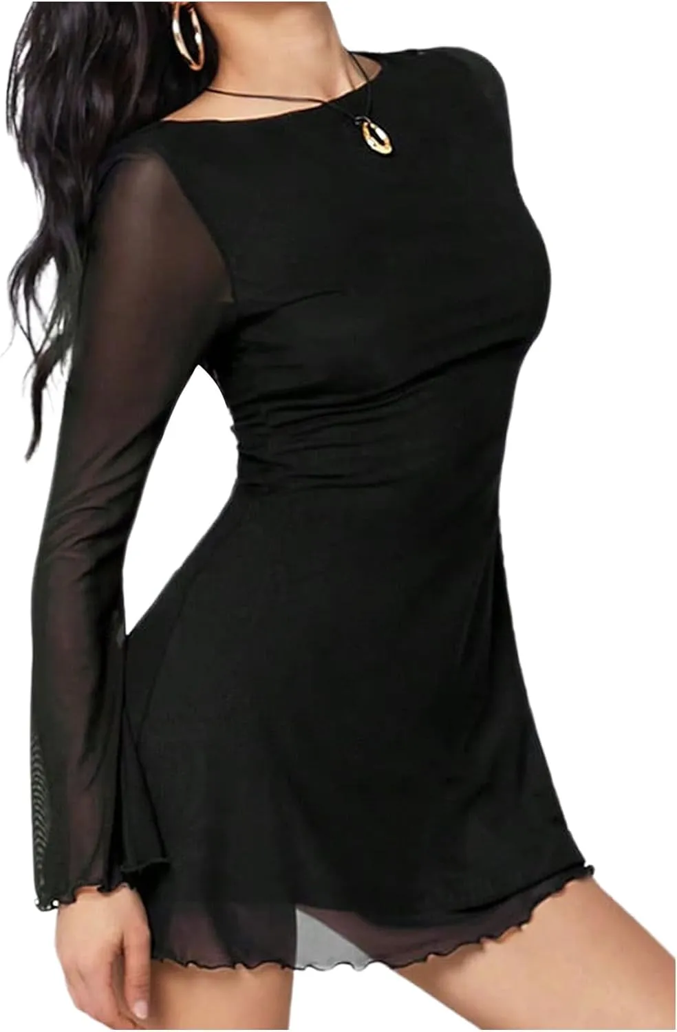 Milumia Women's Mesh Long Bell Sleeve Mini Dress Boat Neck Short Dresses
