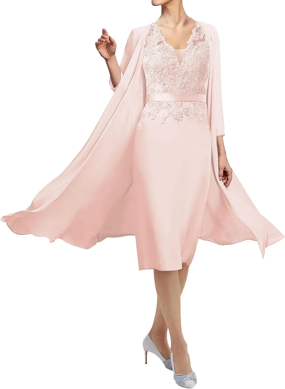 Mother of The Bride Dresses for Wedding Two Piece Evening Formal Dress Lace Wedding Guest Dresses V Neck Chiffon Jacket