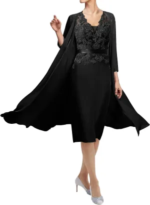 Mother of The Bride Dresses for Wedding Two Piece Evening Formal Dress Lace Wedding Guest Dresses V Neck Chiffon Jacket