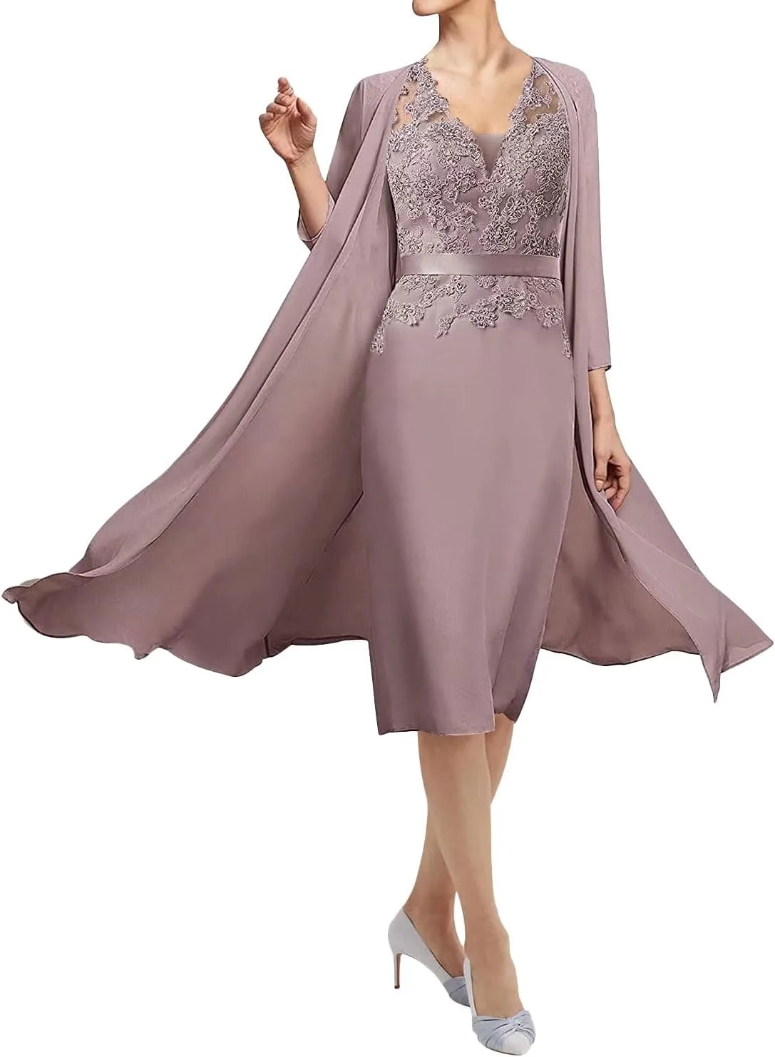Mother of The Bride Dresses for Wedding Two Piece Evening Formal Dress Lace Wedding Guest Dresses V Neck Chiffon Jacket