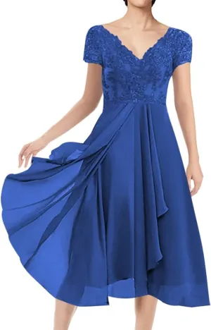 Mother of The Bride Dresses Short Evening Formal Dress V Neck Wedding Guest Groom Dress Lace Applique Ruffles Women's