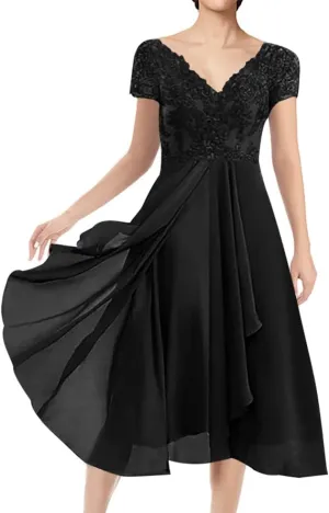 Mother of The Bride Dresses Short Evening Formal Dress V Neck Wedding Guest Groom Dress Lace Applique Ruffles Women's