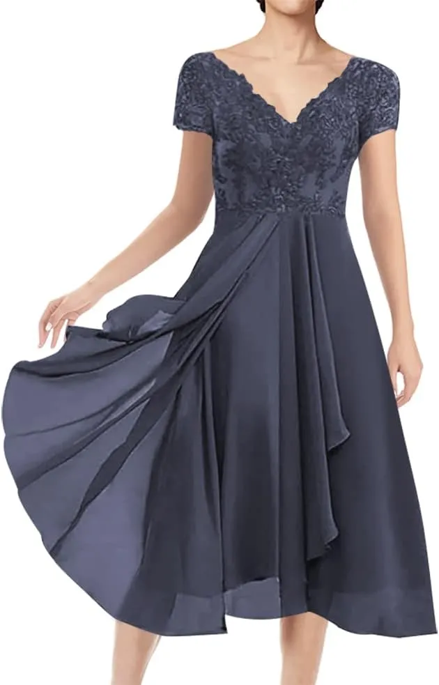 Mother of The Bride Dresses Short Evening Formal Dress V Neck Wedding Guest Groom Dress Lace Applique Ruffles Women's