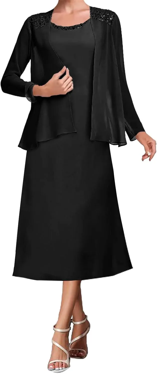 Mother of The Bride Dresses Tea Length Evening Formal Dress Tiered Wedding Guest Groom Dress Beaded Chiffon Jacket