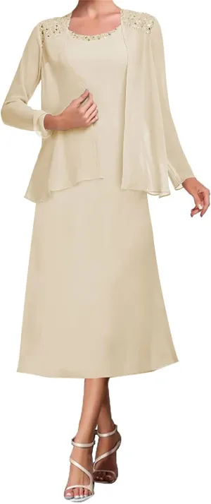Mother of The Bride Dresses Tea Length Evening Formal Dress Tiered Wedding Guest Groom Dress Beaded Chiffon Jacket