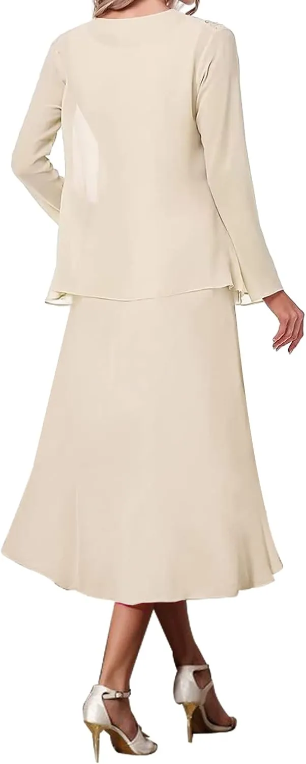 Mother of The Bride Dresses Tea Length Evening Formal Dress Tiered Wedding Guest Groom Dress Beaded Chiffon Jacket