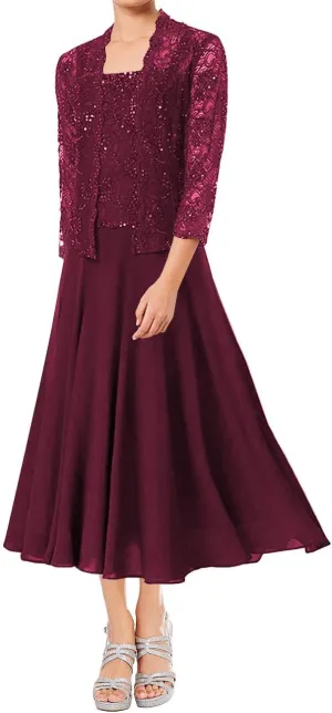 Mother of The Bride Dresses Tea Length Grandmother of The Bride Dress Beaded Wedding Guest Groom Dress Lace Jacket