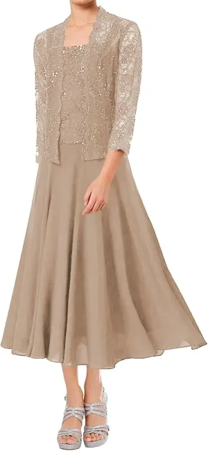 Mother of The Bride Dresses Tea Length Grandmother of The Bride Dress Beaded Wedding Guest Groom Dress Lace Jacket