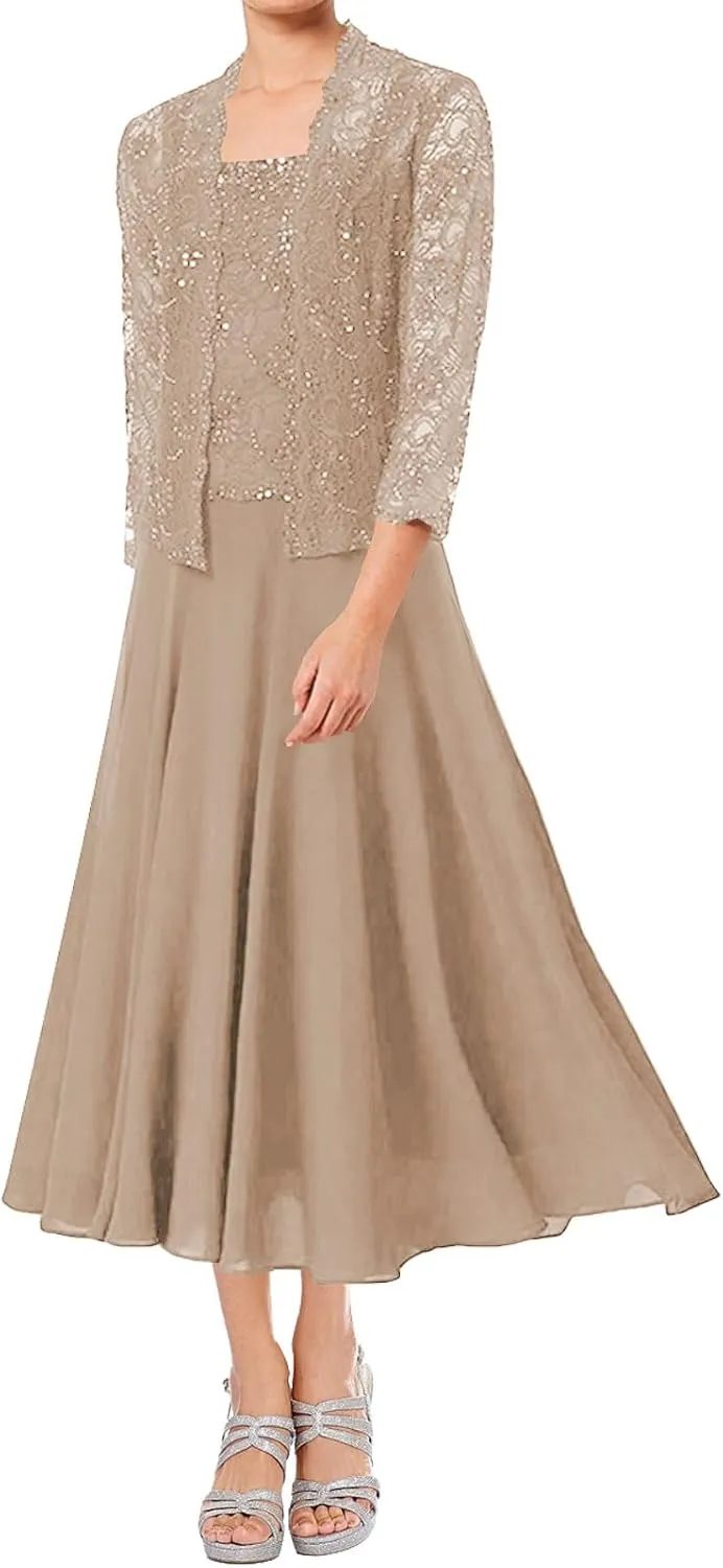 Mother of The Bride Dresses Tea Length Grandmother of The Bride Dress Beaded Wedding Guest Groom Dress Lace Jacket