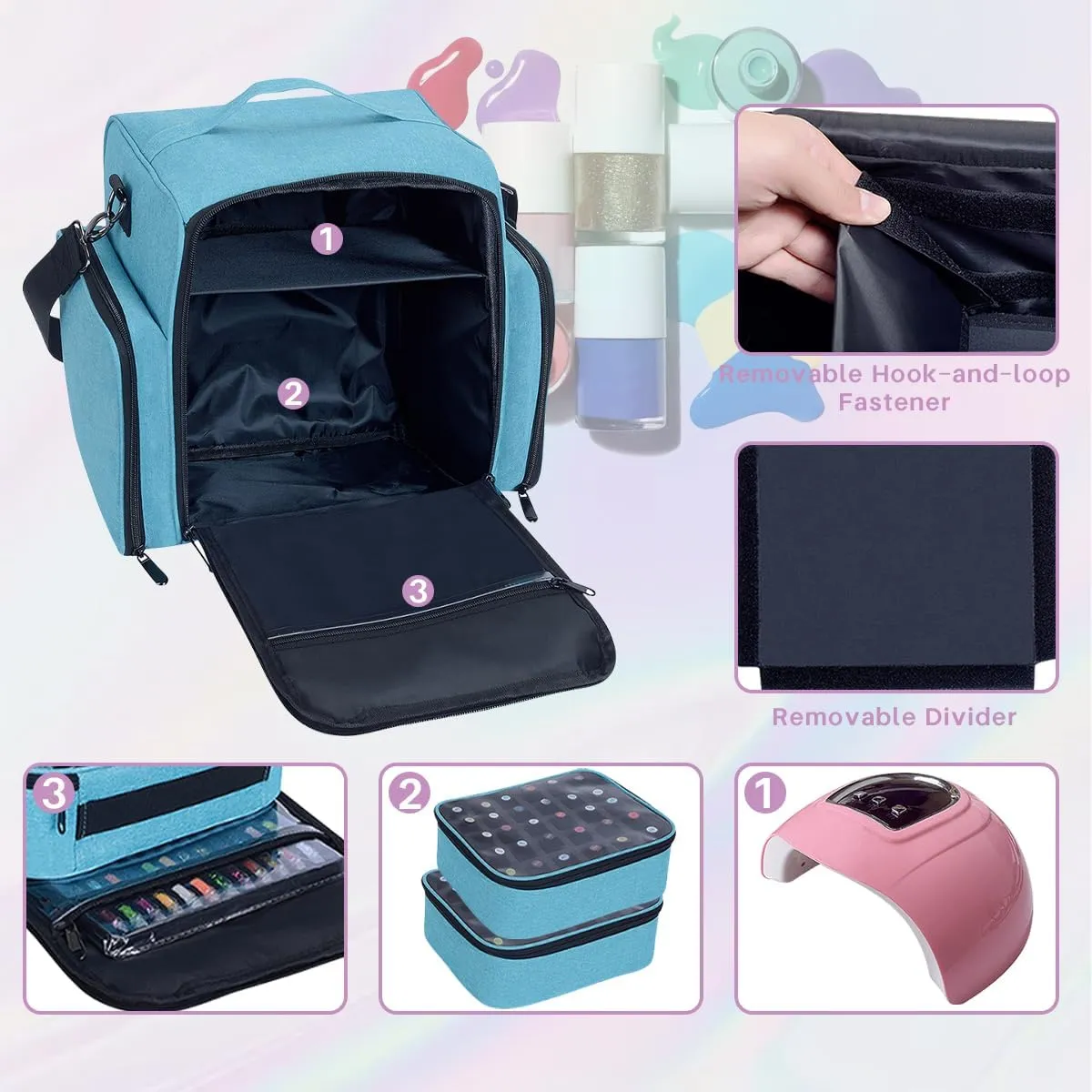 Nail Polish Organizer Holds 60 Bottles and a Nail Lamp,Portable Travel Case with 2 Removable Bags and Tools Storage Pockets Green