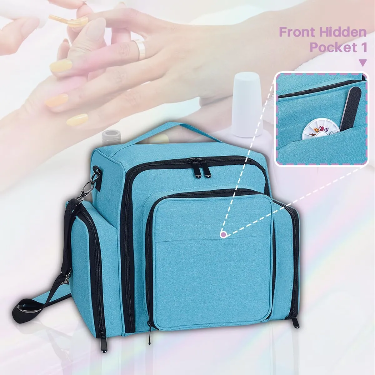 Nail Polish Organizer Holds 60 Bottles and a Nail Lamp,Portable Travel Case with 2 Removable Bags and Tools Storage Pockets Green