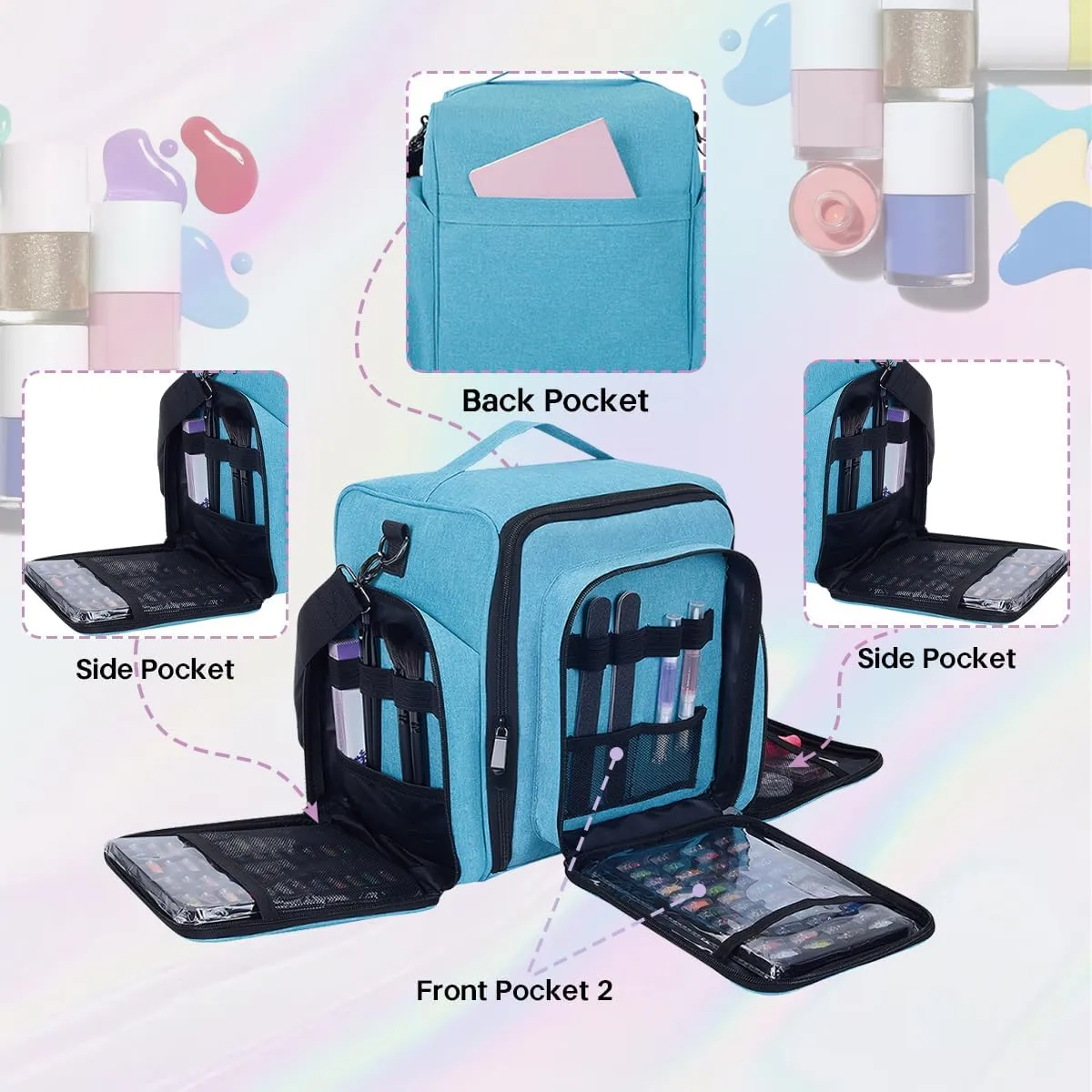 Nail Polish Organizer Holds 60 Bottles and a Nail Lamp,Portable Travel Case with 2 Removable Bags and Tools Storage Pockets Green