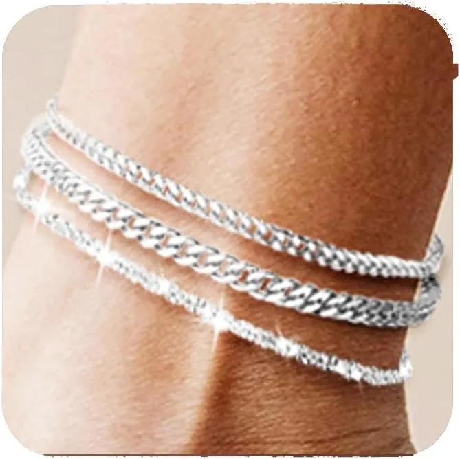 Nanafast 2/4/6PCS Ankle Bracelets for Women, Cuban Link/Snake Chain Anklet Bracelets Set for Women, Adjustable Gold/Silver Anklets for Women, Summer Beach Womens Anklets