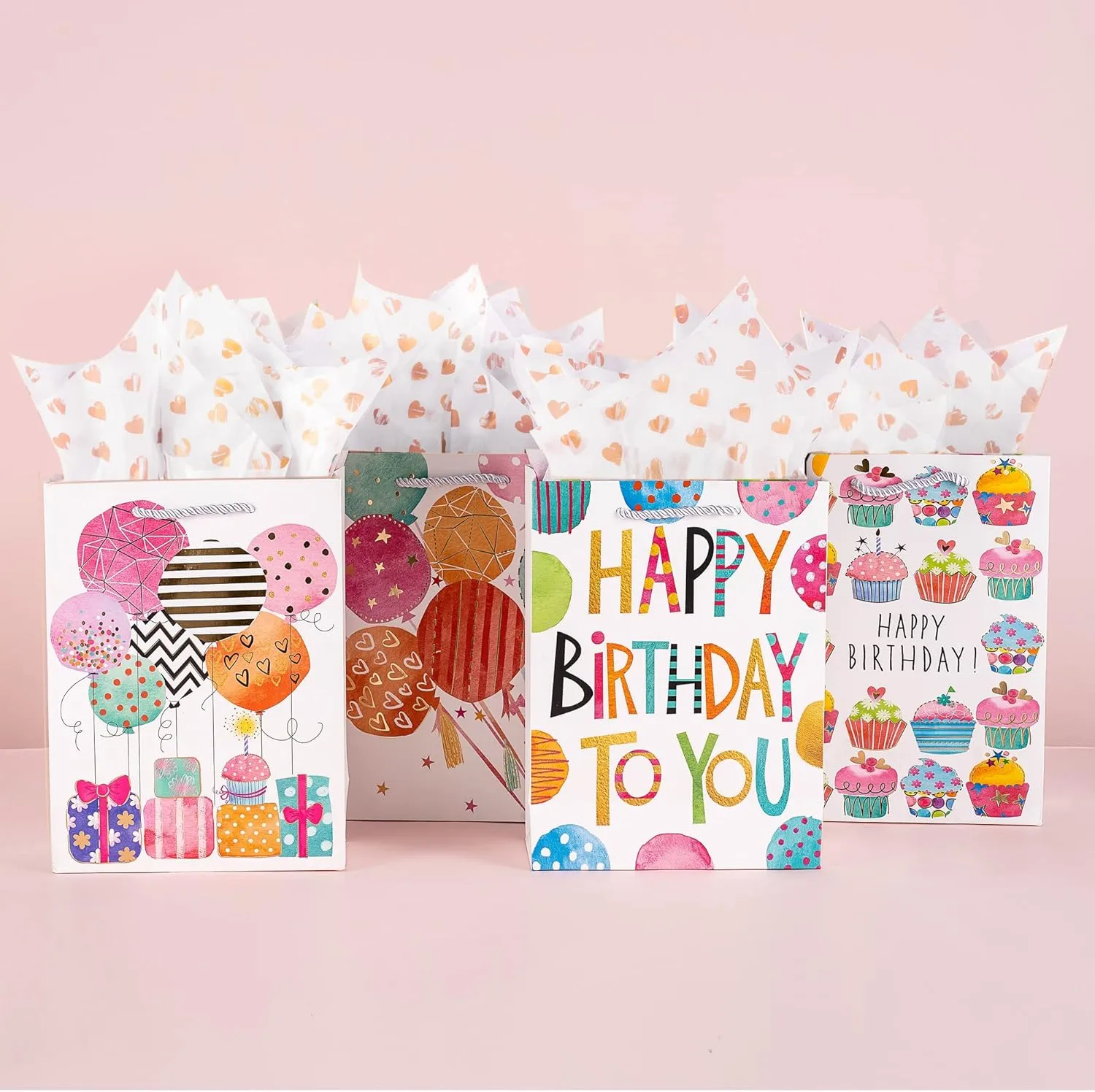 OfficeCastle Small Birthday Gift Bags with Colorful Tissue Paper (Gold Hearts) | 7x4x9 Inch, 4 Pack Birthday Bags for Newborns/Kids/Men/Women