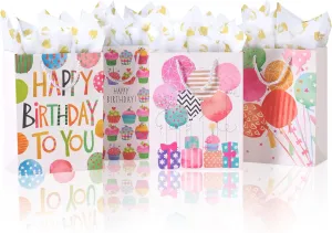 OfficeCastle Small Birthday Gift Bags with Colorful Tissue Paper (Gold Hearts) | 7x4x9 Inch, 4 Pack Birthday Bags for Newborns/Kids/Men/Women