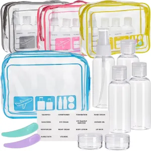 Okuna Outpost Set of 4 TSA Clear Toiletry Bags with Empty TSA Approved Travel Containers For Packing, Assorted Colors