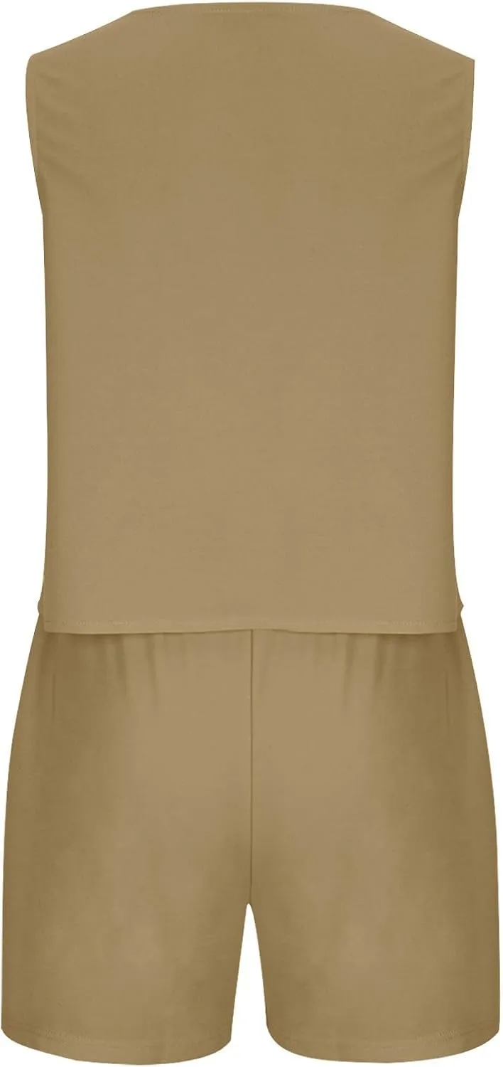 Oplxuo Womens Summer 2 Piece Sets V Neck Sleeveless Button Down Blazer Vest and High Waisted Work Suit Short Set