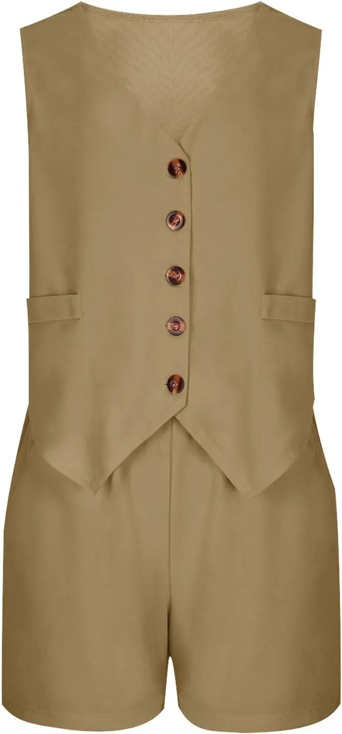 Oplxuo Womens Summer 2 Piece Sets V Neck Sleeveless Button Down Blazer Vest and High Waisted Work Suit Short Set