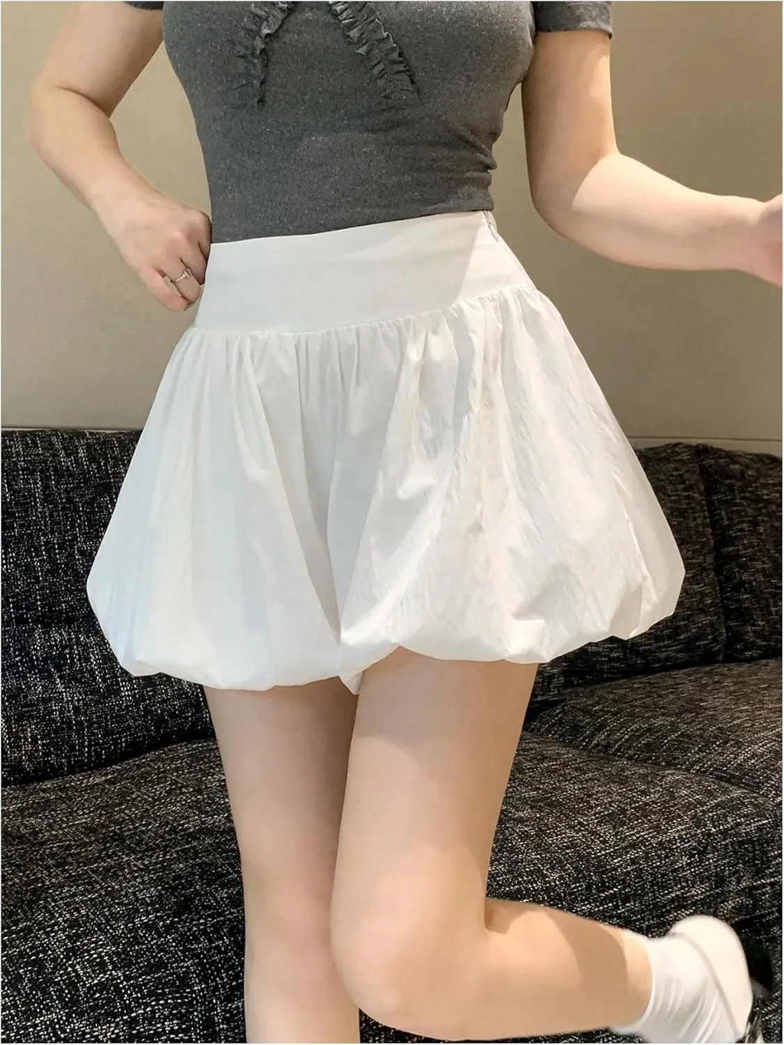 OYOANGLE Women's A Line Mini Bubble Shorts Elastic High Waist Flare Party Skorts