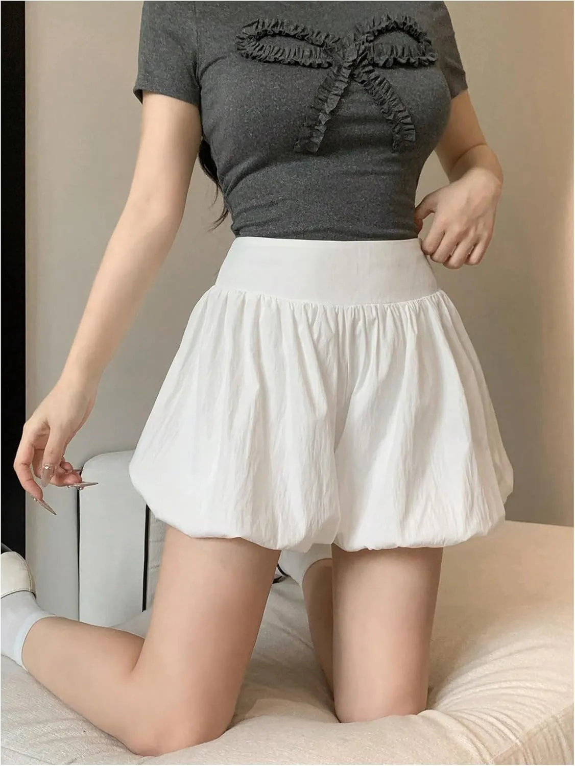 OYOANGLE Women's A Line Mini Bubble Shorts Elastic High Waist Flare Party Skorts