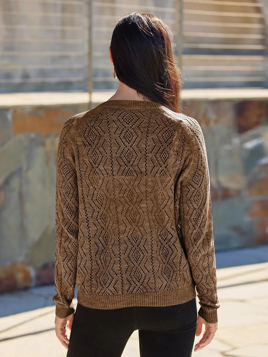 OYOANGLE Women's Crochet Knit Lightweight Cardigan Button Down Long Sleeve Cardigans Sweater Tops