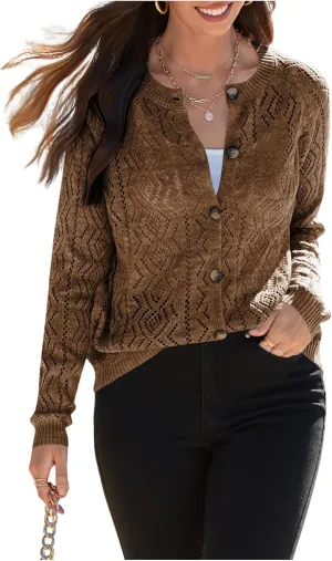 OYOANGLE Women's Crochet Knit Lightweight Cardigan Button Down Long Sleeve Cardigans Sweater Tops