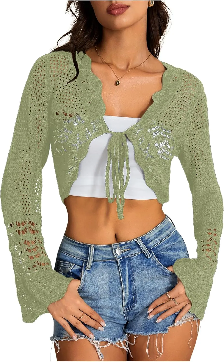 OYOANGLE Women's Hollow Out Tie Front Sweater Cardigans Flare Long Sleeve Knitted Cropped Shrug Cardigan
